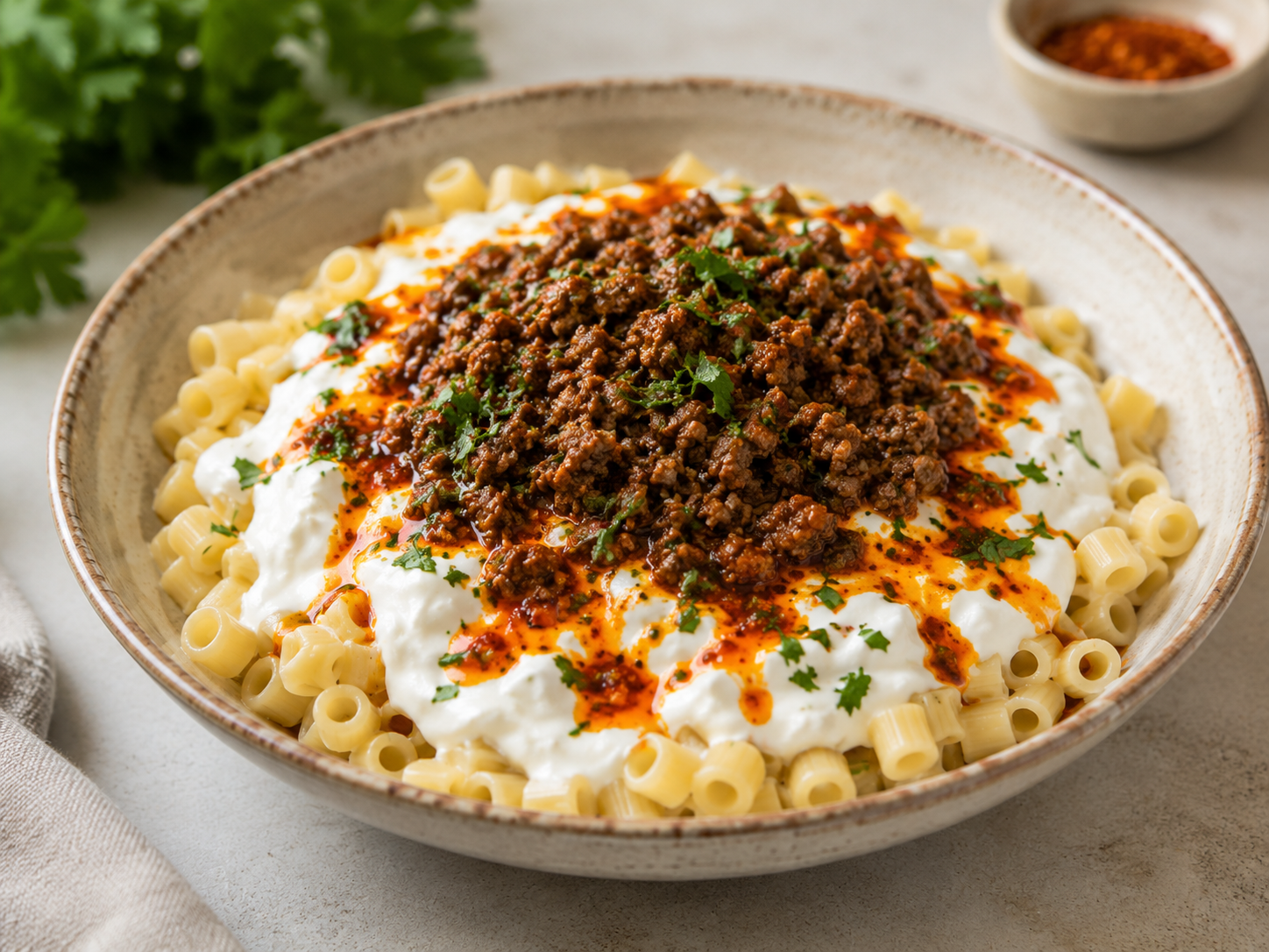 Turkish Pasta Recipe final dish with yogurt sauce, spiced beef, paprika butter, and herbs