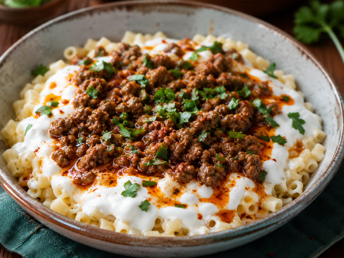 Turkish Pasta Recipe final dish with small tube pasta, creamy garlic yogurt, spiced ground beef, paprika butter sauce, and fresh parsley