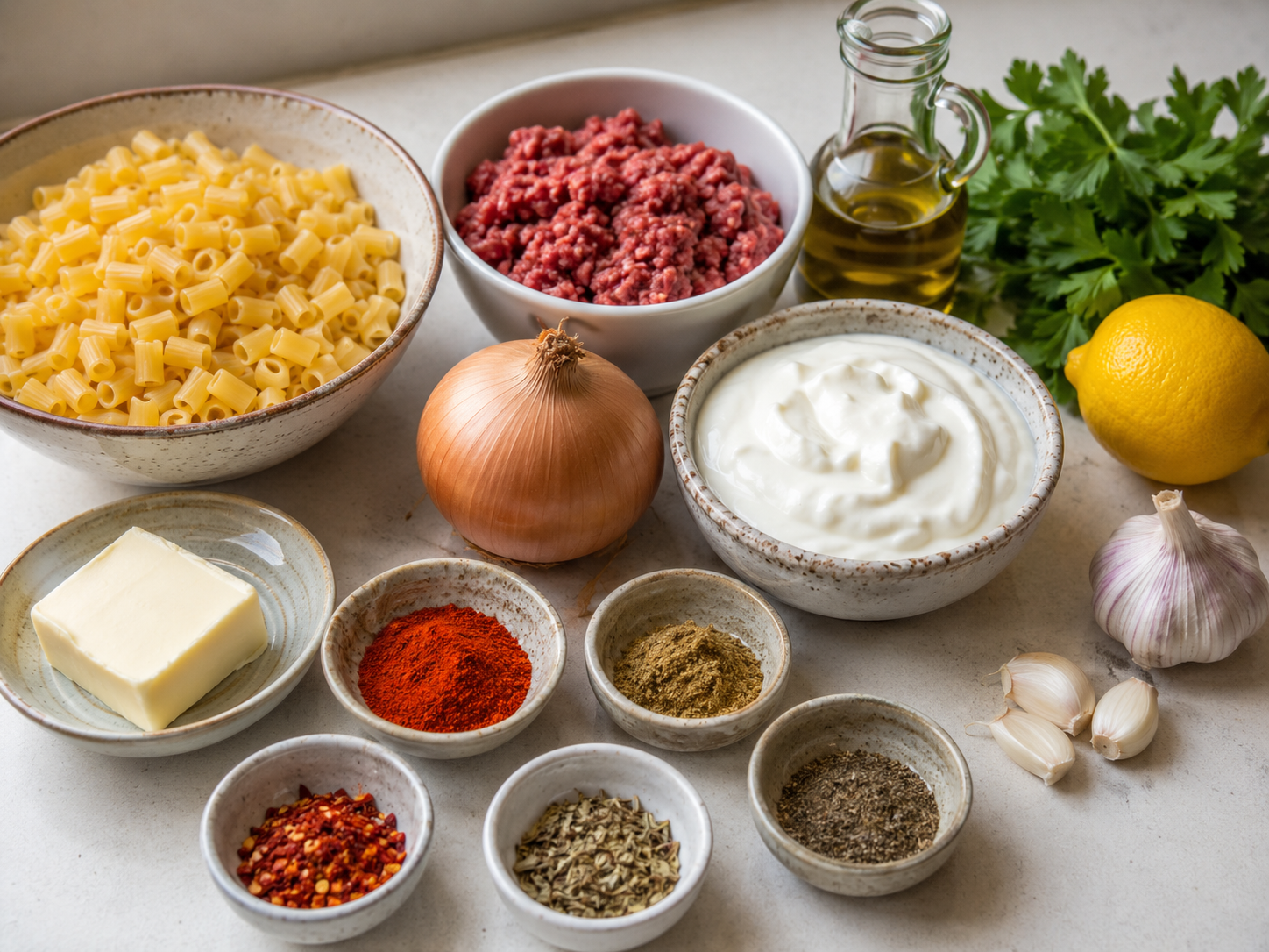 Turkish Pasta Recipe ingredients with pasta, ground beef, Greek yogurt, garlic, onion, lemon, parsley, butter, olive oil, and spices