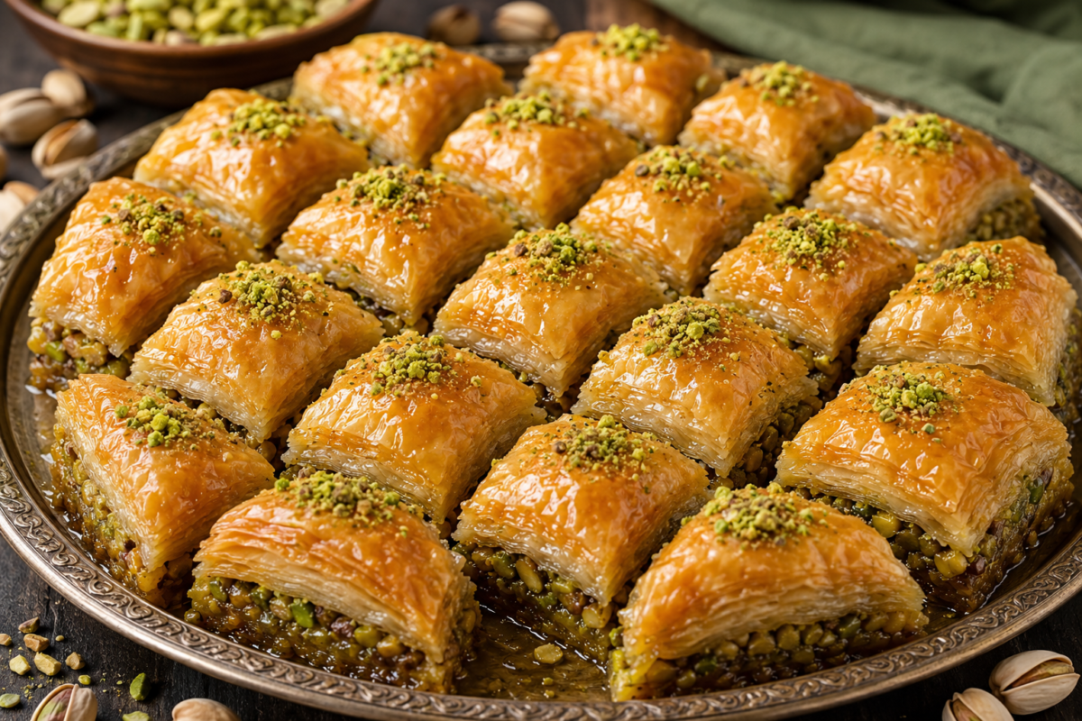 Baklava traditional layered pastry with nuts and honey syrup on a plate