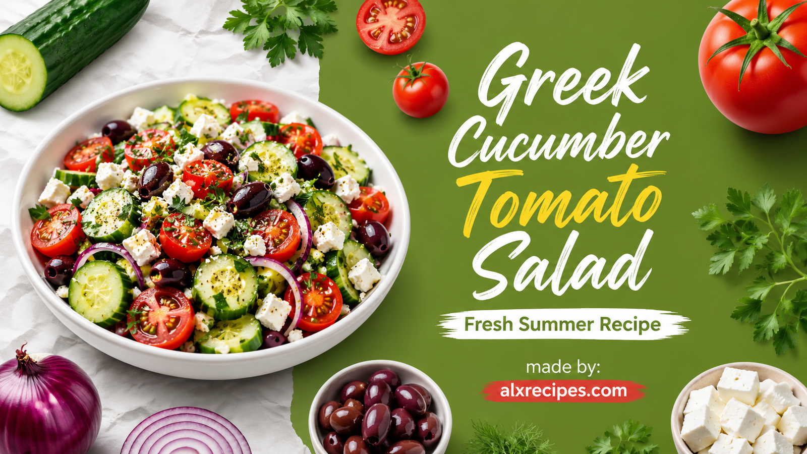 Greek Cucumber Tomato Salad with cucumbers, tomatoes, feta, olives, red onion, and fresh herbs