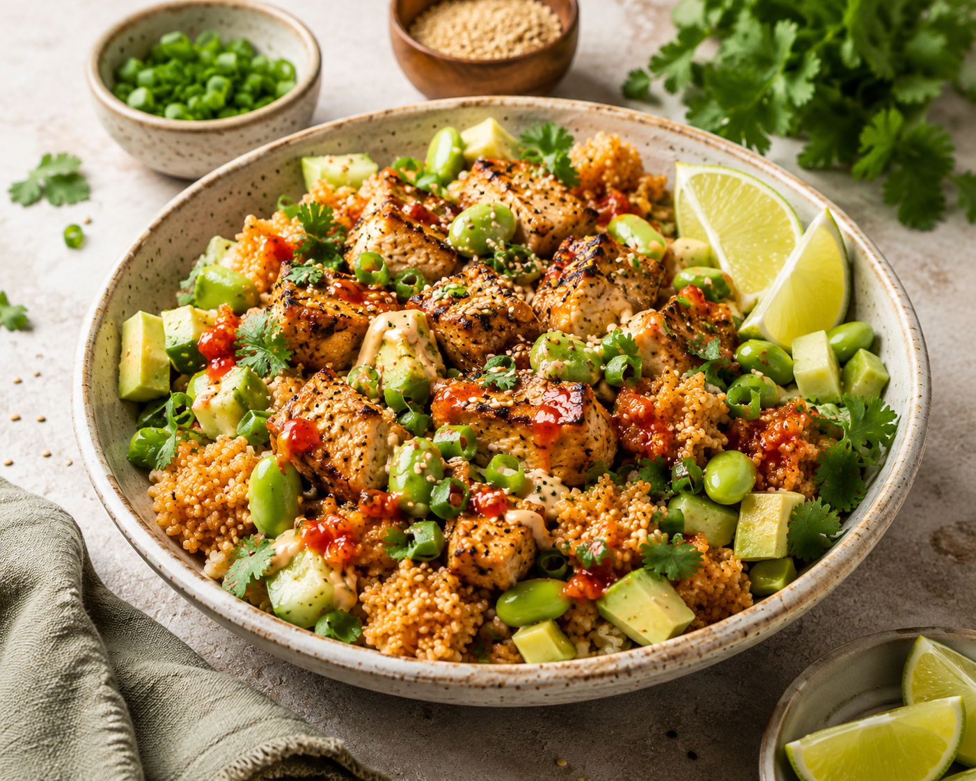 Crispy Rice Chicken Bowl with crispy rice, grilled chicken, avocado, edamame, cucumber, lime, herbs, and creamy sauce