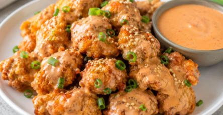 Bang Bang Chicken Bites Recipe – Crispy & Spicy served with creamy sauce and green onions