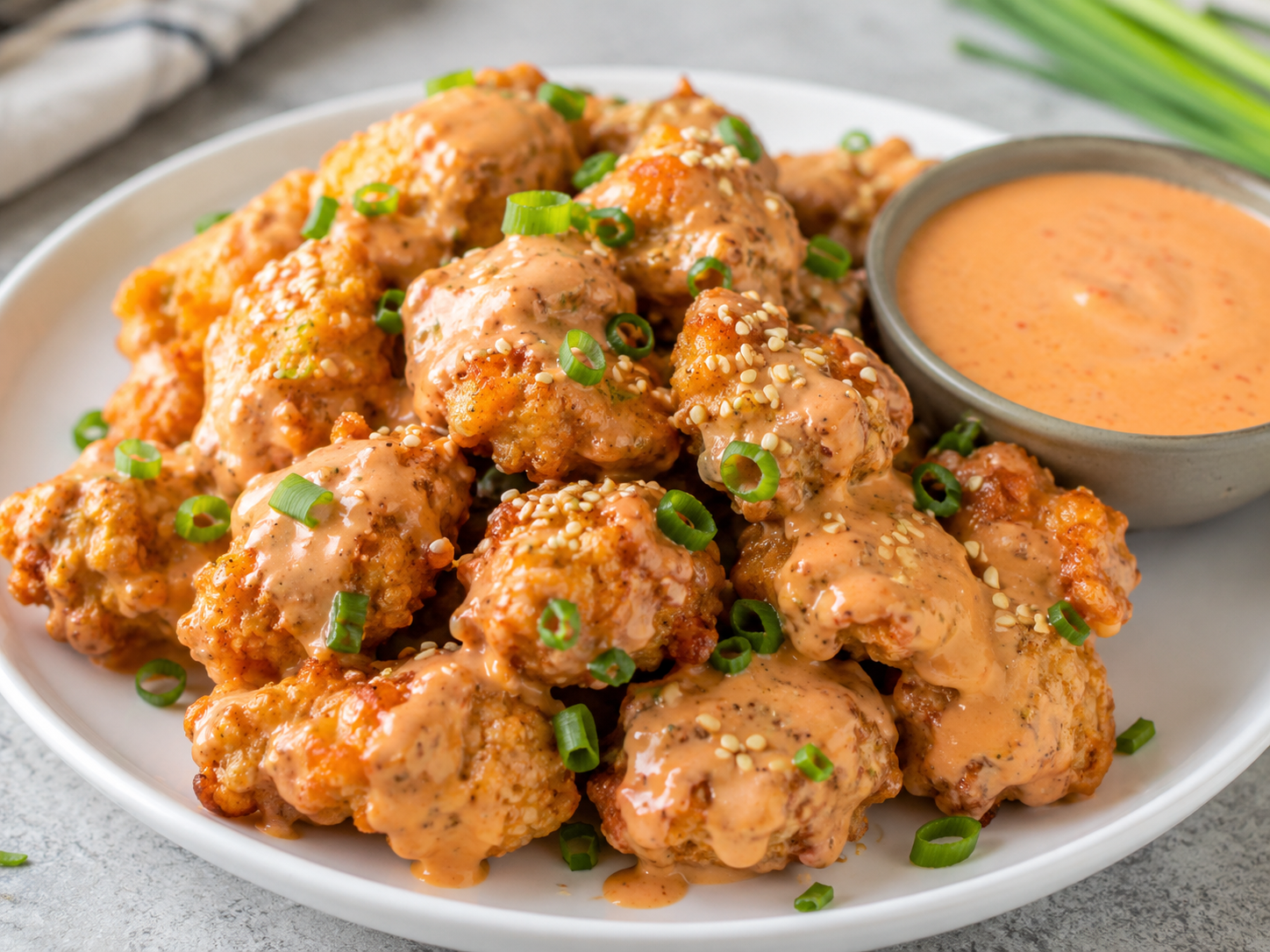 Bang Bang Chicken Bites Recipe – Crispy & Spicy served with creamy sauce and green onions