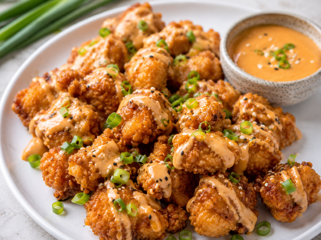 Bang Bang Chicken Bites Recipe – Crispy & Spicy served with creamy spicy sauce, green onions, and sesame seeds